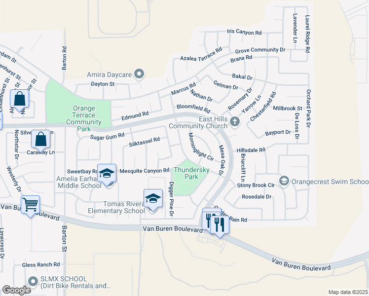 map of restaurants, bars, coffee shops, grocery stores, and more near 8750 Sandhill Drive in Riverside