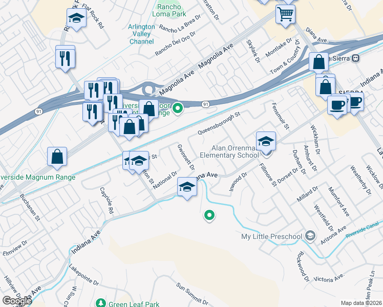 map of restaurants, bars, coffee shops, grocery stores, and more near 3590 Gettysburg Drive in Riverside