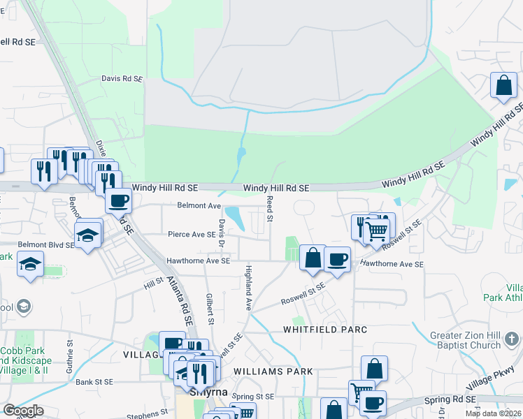 map of restaurants, bars, coffee shops, grocery stores, and more near 1429 Belmont Avenue in Smyrna