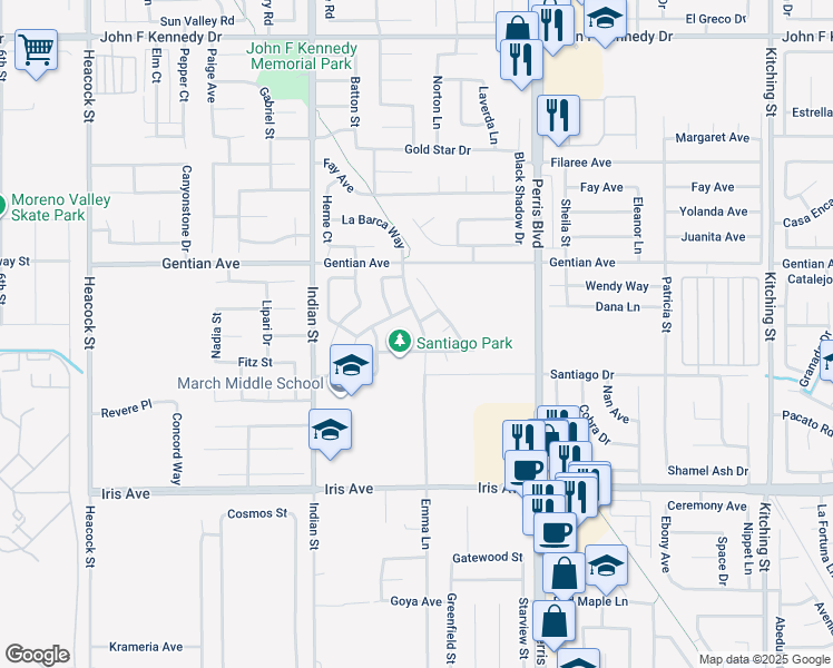 map of restaurants, bars, coffee shops, grocery stores, and more near 15661 Avenger Drive in Moreno Valley