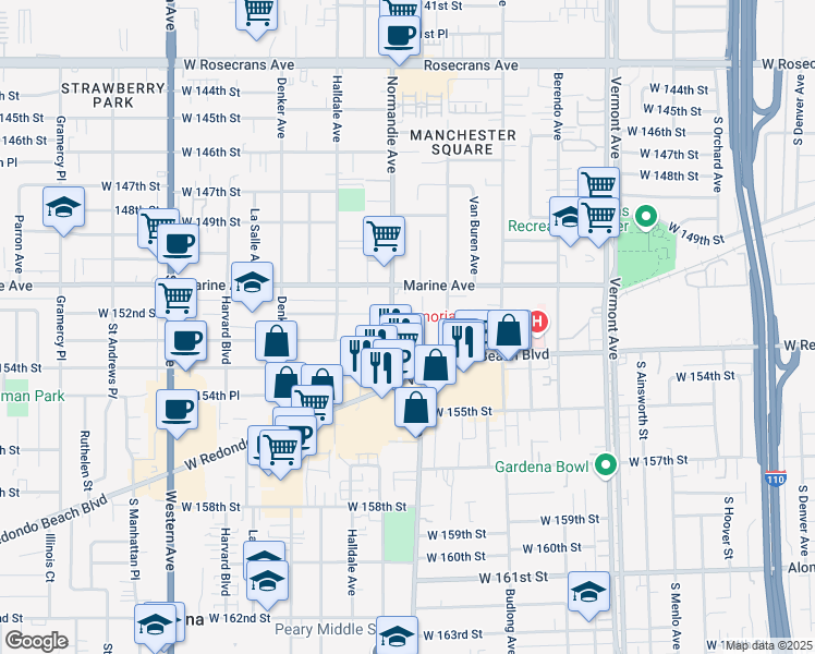 map of restaurants, bars, coffee shops, grocery stores, and more near 15220 Normandie Avenue in Gardena