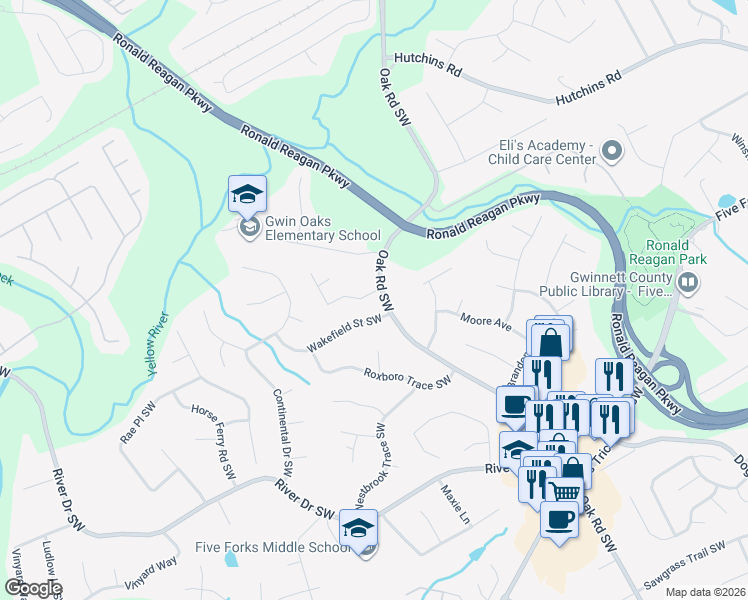 map of restaurants, bars, coffee shops, grocery stores, and more near 611 Oak Road Southwest in Lawrenceville
