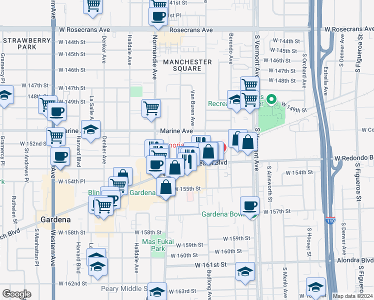 map of restaurants, bars, coffee shops, grocery stores, and more near 15214 South Raymond Avenue in Gardena