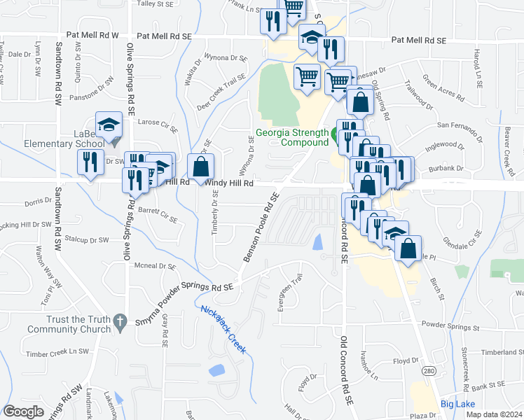 map of restaurants, bars, coffee shops, grocery stores, and more near 278 Longleaf Drive Southeast in Marietta
