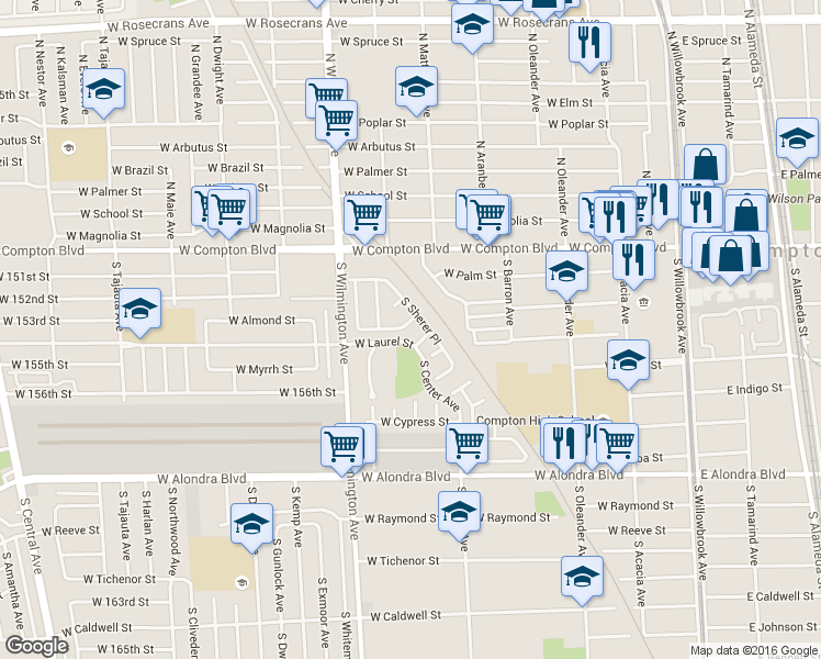 map of restaurants, bars, coffee shops, grocery stores, and more near 616 West Almond Street in Compton