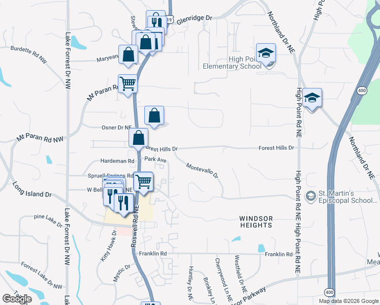 map of restaurants, bars, coffee shops, grocery stores, and more near 325 Forest Hills Drive in Atlanta