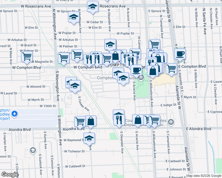 map of restaurants, bars, coffee shops, grocery stores, and more near 427 West Laurel Street in Compton