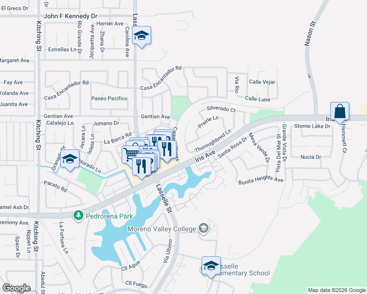 map of restaurants, bars, coffee shops, grocery stores, and more near 26310 Old Anvil Lane in Moreno Valley