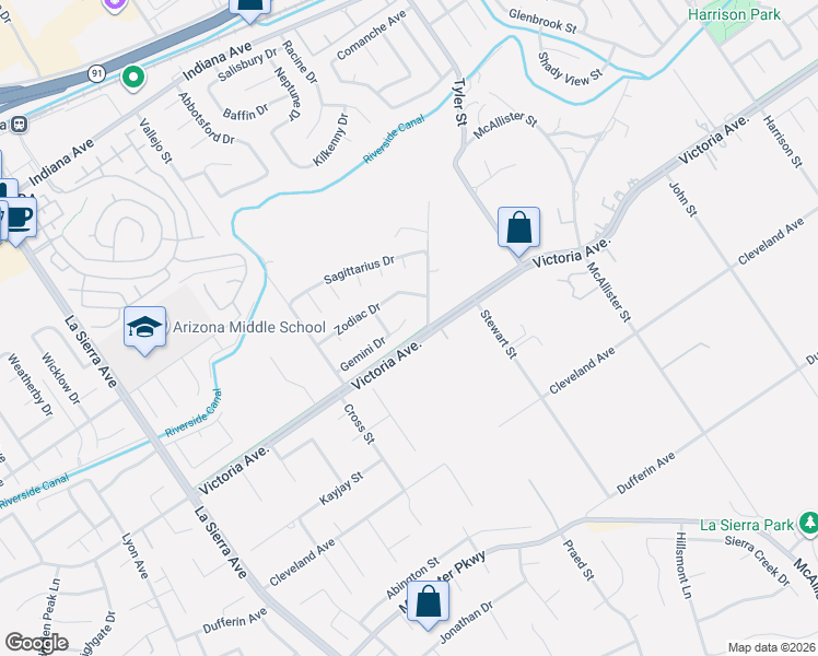 map of restaurants, bars, coffee shops, grocery stores, and more near 2722 Boundary Lane in Riverside