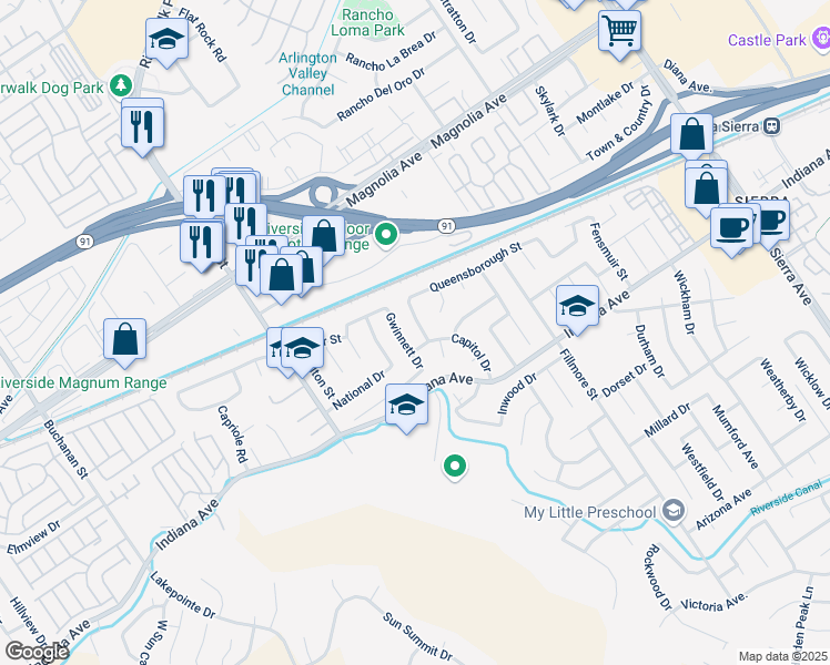 map of restaurants, bars, coffee shops, grocery stores, and more near 3590 Gettysburg Drive in Riverside