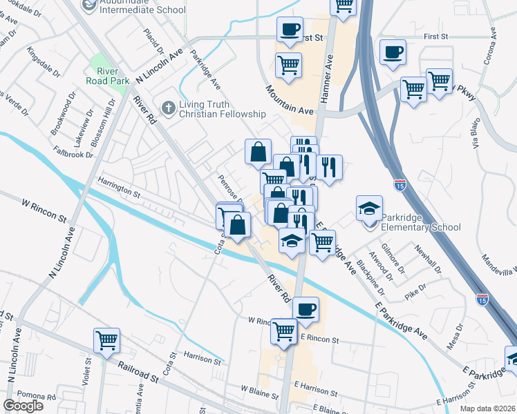 map of restaurants, bars, coffee shops, grocery stores, and more near 940 North Cota Street in Corona
