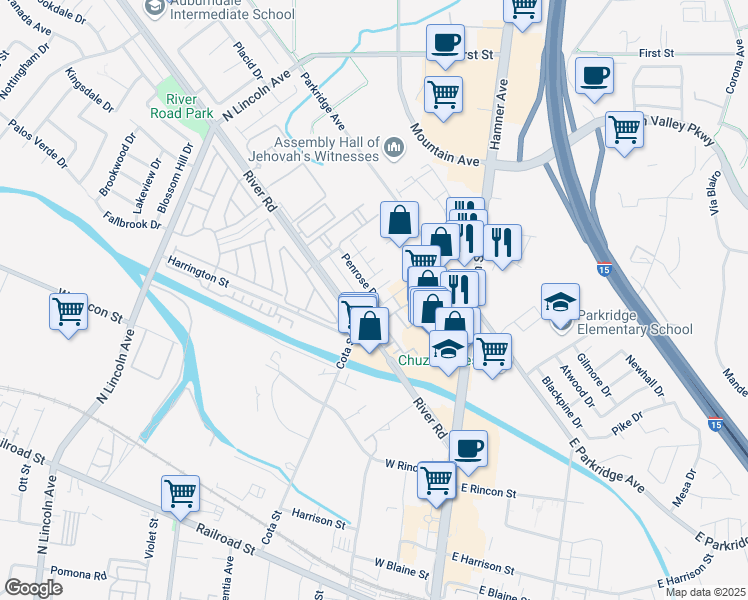 map of restaurants, bars, coffee shops, grocery stores, and more near 504 Penrose Drive in Corona