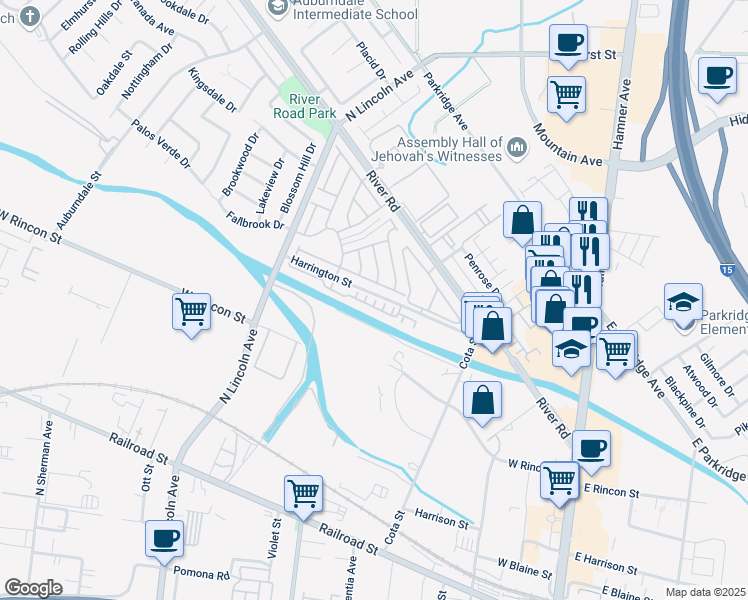 map of restaurants, bars, coffee shops, grocery stores, and more near 831 Shade Tree Way in Corona
