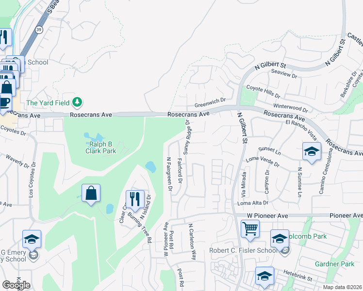 map of restaurants, bars, coffee shops, grocery stores, and more near 2601 Tiffany Place in Fullerton