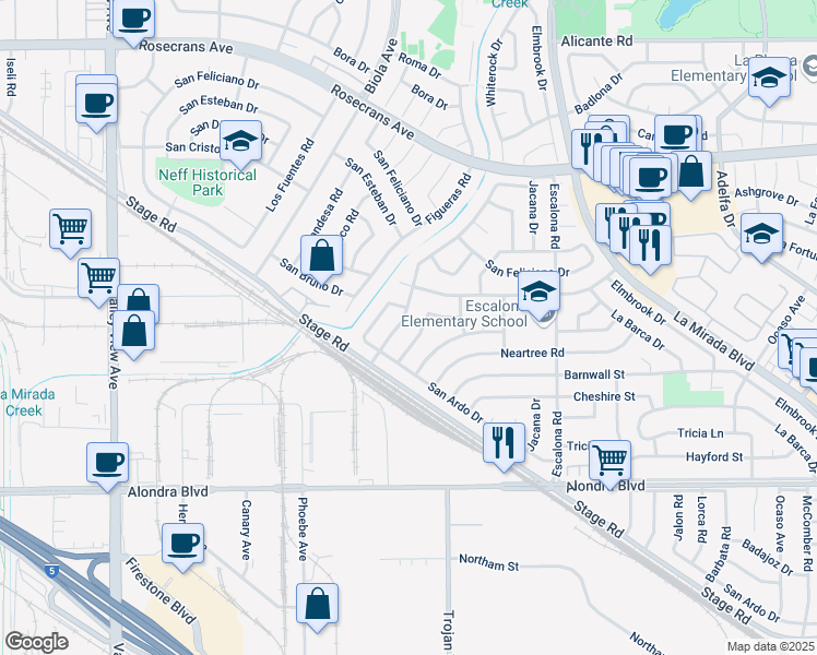 map of restaurants, bars, coffee shops, grocery stores, and more near 15203 Vanada Road in La Mirada