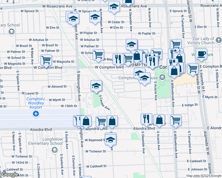 map of restaurants, bars, coffee shops, grocery stores, and more near 227 South Matthisen Avenue in Compton