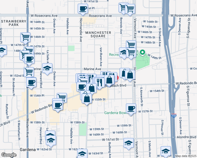 map of restaurants, bars, coffee shops, grocery stores, and more near 15130 South Raymond Avenue in Gardena