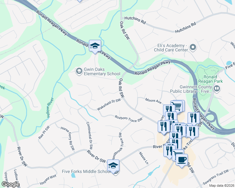 map of restaurants, bars, coffee shops, grocery stores, and more near 611 Oak Road Southwest in Lawrenceville