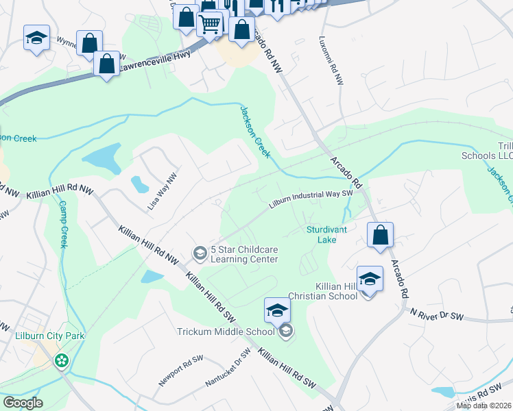 map of restaurants, bars, coffee shops, grocery stores, and more near 4373 Lilburn Industrial Way Southwest in Lilburn
