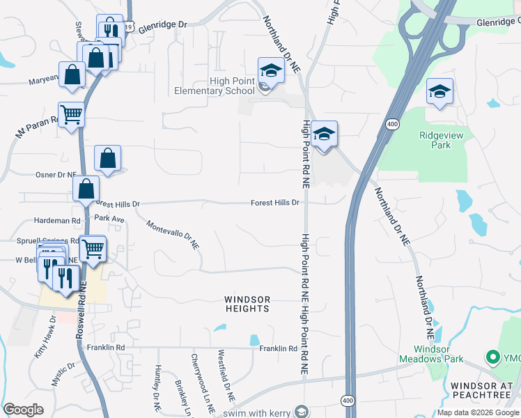 map of restaurants, bars, coffee shops, grocery stores, and more near 500 Forest Hills Drive in Atlanta