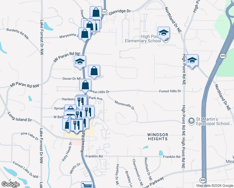 map of restaurants, bars, coffee shops, grocery stores, and more near 325 Forest Hills Drive in Atlanta