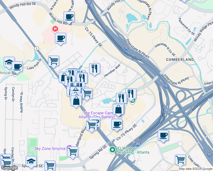 map of restaurants, bars, coffee shops, grocery stores, and more near 2500 Crescent Park Court in Atlanta