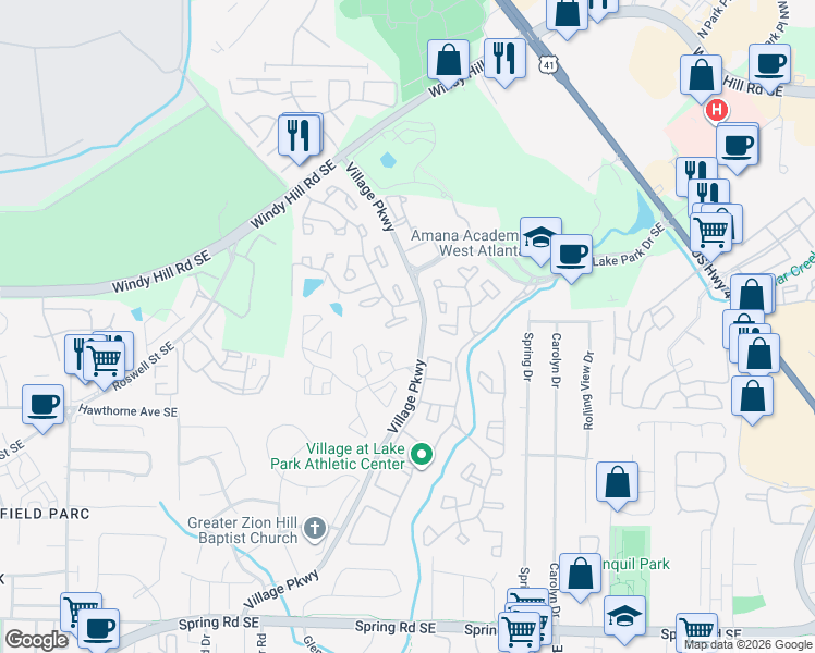 map of restaurants, bars, coffee shops, grocery stores, and more near 32 Little Silver Court in Smyrna