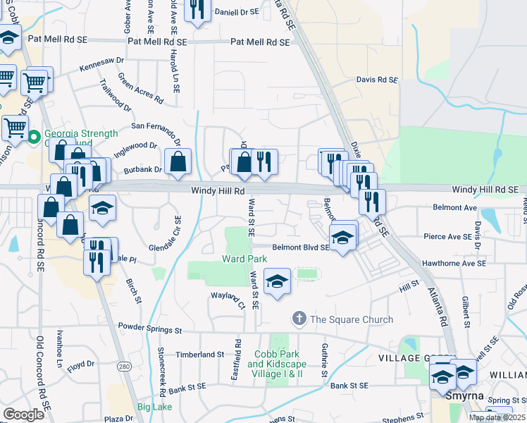map of restaurants, bars, coffee shops, grocery stores, and more near 920 Windy Hill Road in Smyrna