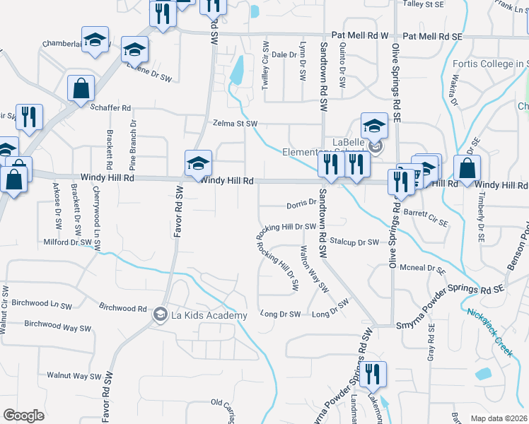 map of restaurants, bars, coffee shops, grocery stores, and more near 258 Dorris Drive in Marietta