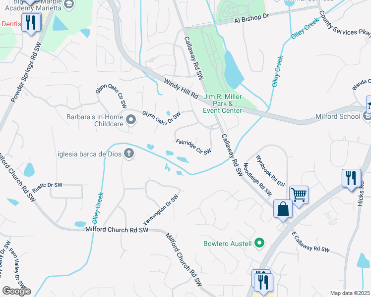 map of restaurants, bars, coffee shops, grocery stores, and more near 1296 Fairridge Circle Southwest in Marietta