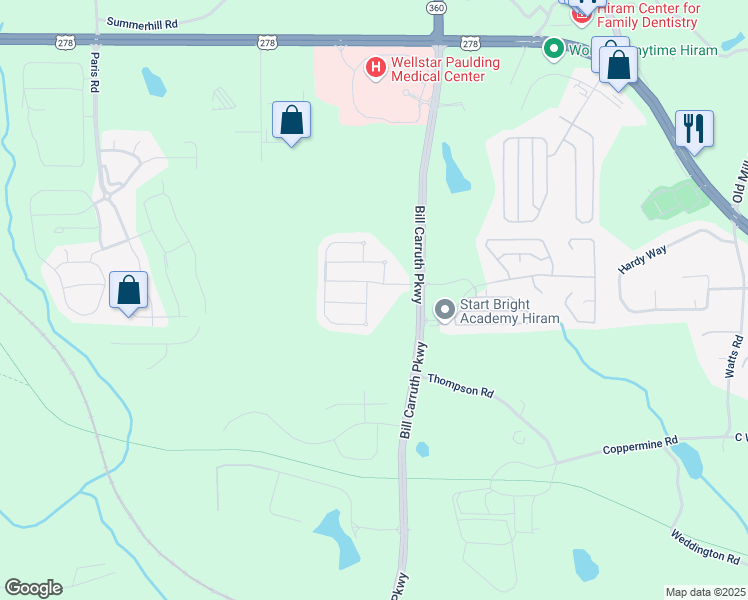 map of restaurants, bars, coffee shops, grocery stores, and more near 480 Darbys Run Court in Hiram