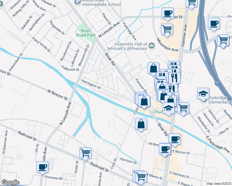 map of restaurants, bars, coffee shops, grocery stores, and more near 734 Forester Drive in Corona