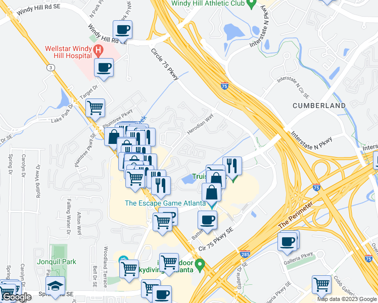 map of restaurants, bars, coffee shops, grocery stores, and more near 2500 Crescent Park Court in Atlanta