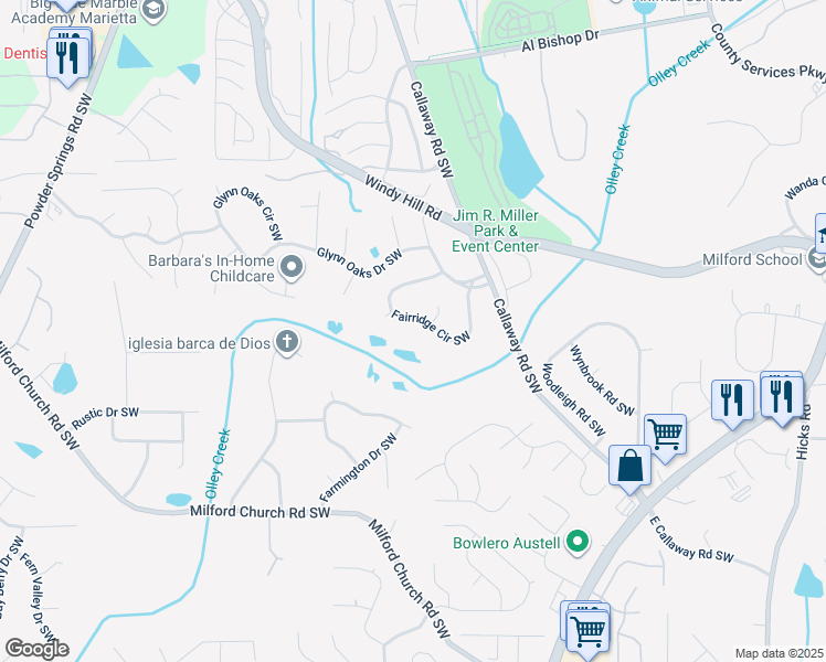map of restaurants, bars, coffee shops, grocery stores, and more near 1296 Fairridge Circle Southwest in Marietta