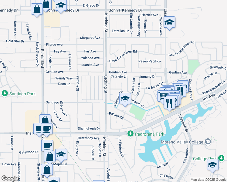 map of restaurants, bars, coffee shops, grocery stores, and more near 15635 Guajome Road in Moreno Valley