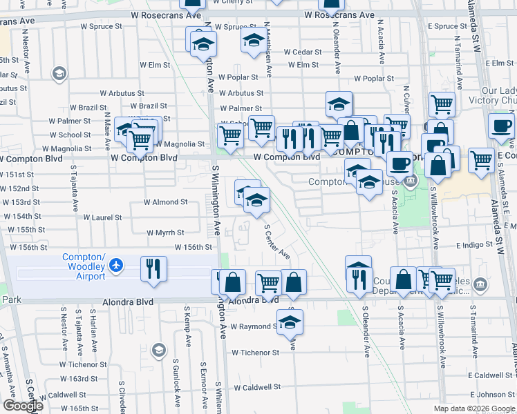 map of restaurants, bars, coffee shops, grocery stores, and more near 616 West Almond Street in Compton
