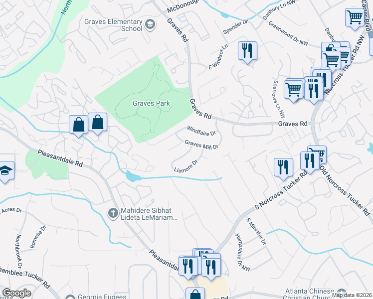 map of restaurants, bars, coffee shops, grocery stores, and more near 6795 Graves Mill Drive in Norcross