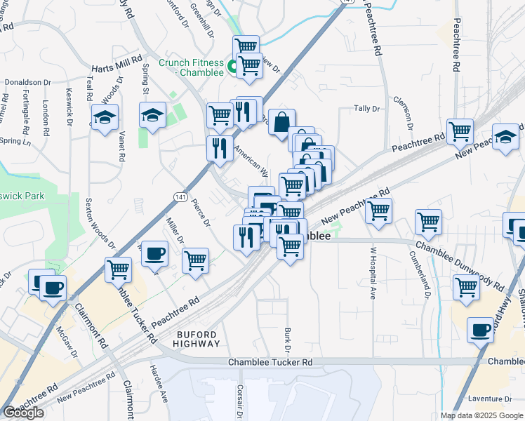 map of restaurants, bars, coffee shops, grocery stores, and more near 2148 American Industrial Way in Chamblee