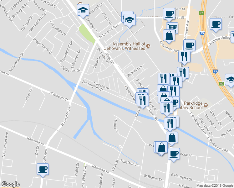 map of restaurants, bars, coffee shops, grocery stores, and more near 734 Forester Drive in Corona