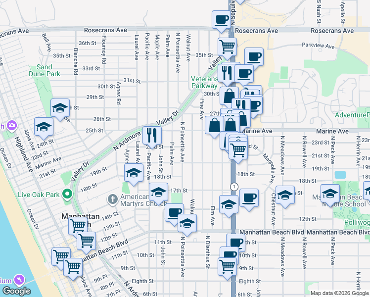 map of restaurants, bars, coffee shops, grocery stores, and more near 2200 North Poinsettia Avenue in Manhattan Beach