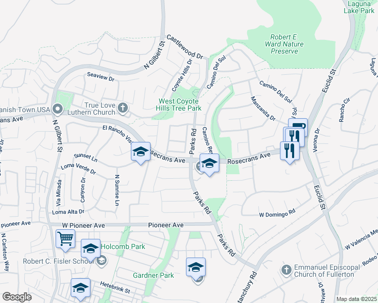 map of restaurants, bars, coffee shops, grocery stores, and more near 2108 Via Caliente in Fullerton
