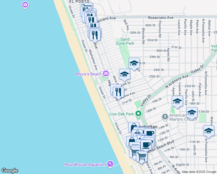 map of restaurants, bars, coffee shops, grocery stores, and more near 220 25th Street in Manhattan Beach