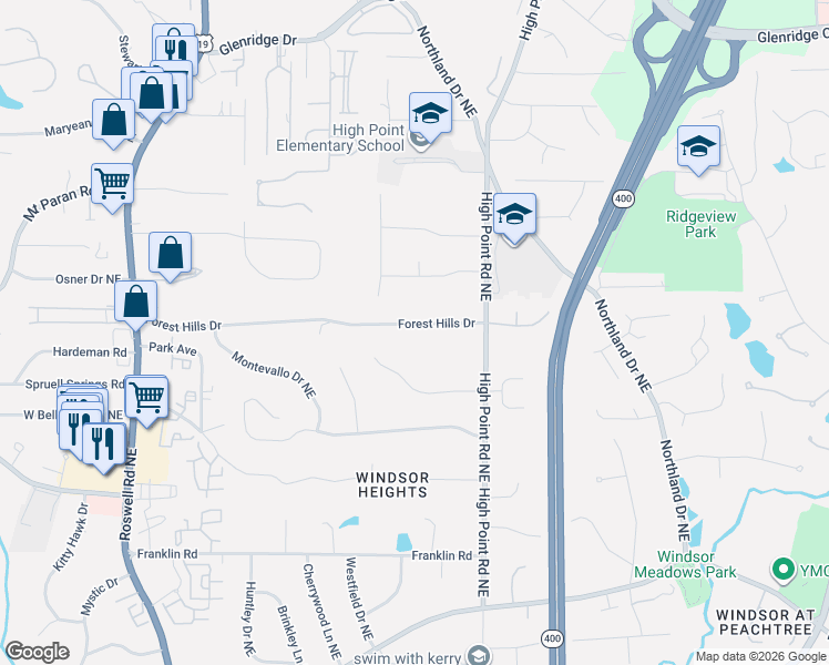 map of restaurants, bars, coffee shops, grocery stores, and more near 500 Forest Hills Drive in Atlanta