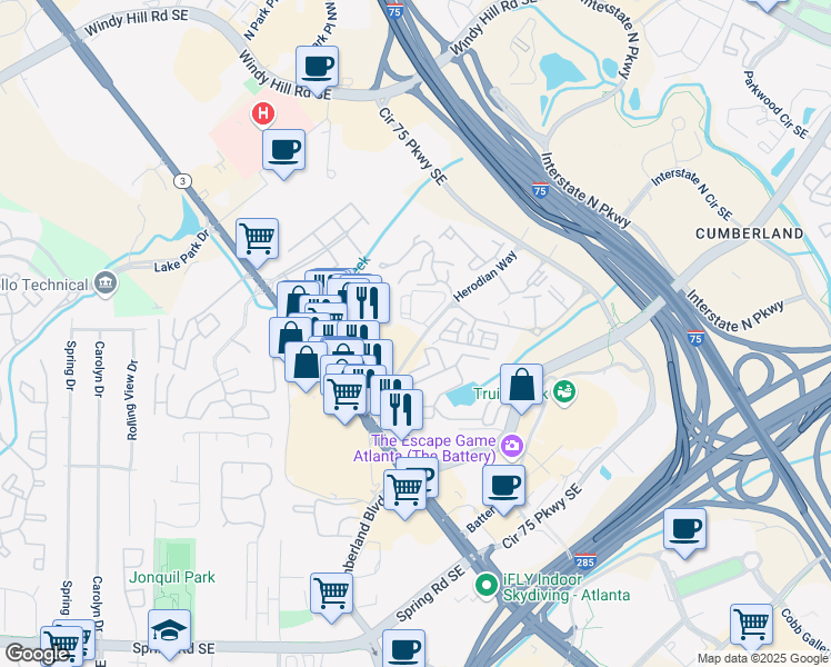 map of restaurants, bars, coffee shops, grocery stores, and more near 2400 Herodian Way in Smyrna