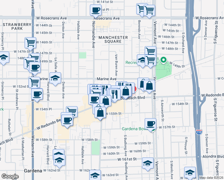 map of restaurants, bars, coffee shops, grocery stores, and more near 15214 South Raymond Avenue in Gardena