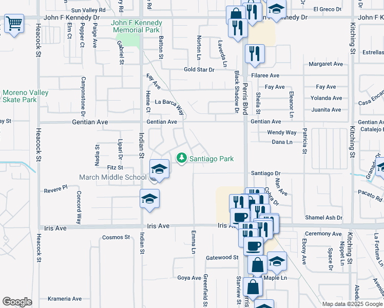 map of restaurants, bars, coffee shops, grocery stores, and more near 15661 Avenger Drive in Moreno Valley
