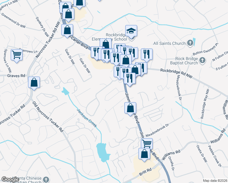 map of restaurants, bars, coffee shops, grocery stores, and more near 6752 Story Circle in Norcross