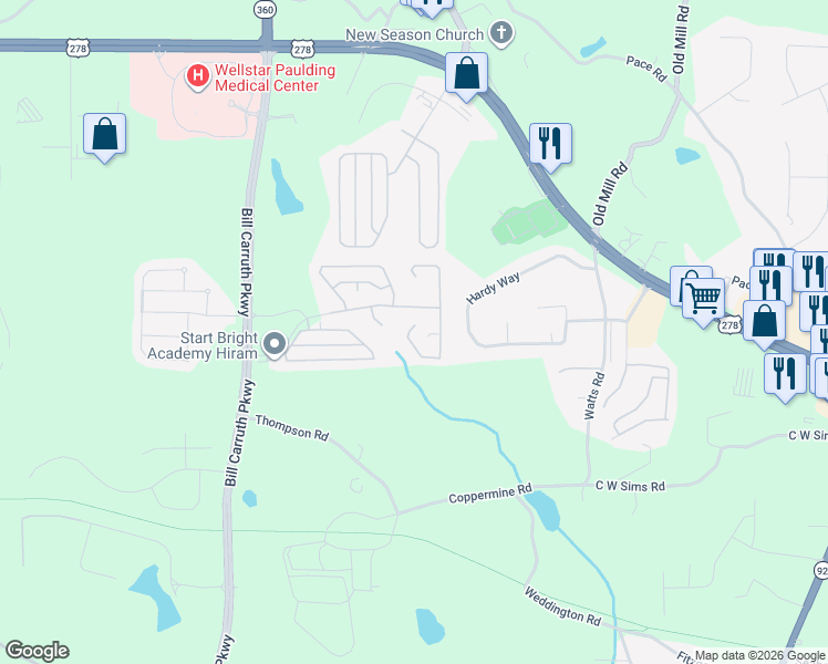 map of restaurants, bars, coffee shops, grocery stores, and more near 428 Rosemont Court in Hiram