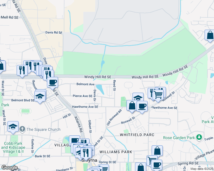 map of restaurants, bars, coffee shops, grocery stores, and more near 1436 Belmont Avenue in Smyrna