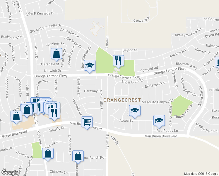 map of restaurants, bars, coffee shops, grocery stores, and more near 8702 Barton Street in Riverside